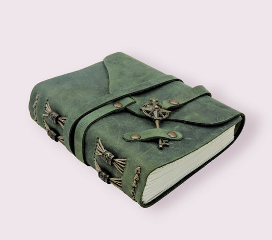 Handcrafted green leather journal with vintage key & recycle handmade cotton paper