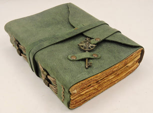 Handcrafted green leather journal with vintage key & recycle handmade vintage cotton paper