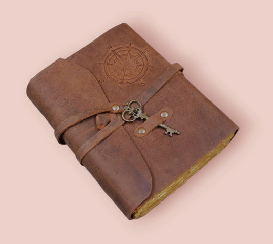 Handcrafted Compass Vintage Leather Journal - Antique Handmade Leather Bound journal with deckle edge paper