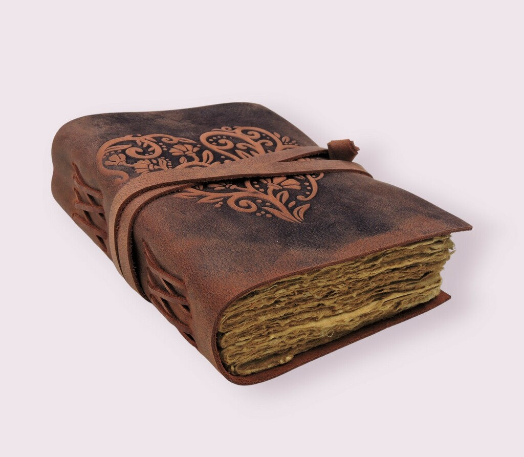 Heart of life Handcrafted leather embossed journal with recycle handmade vintage cotton paper