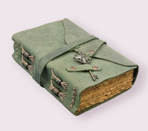 Handcrafted green leather journal with vintage key & recycle handmade vintage cotton paper